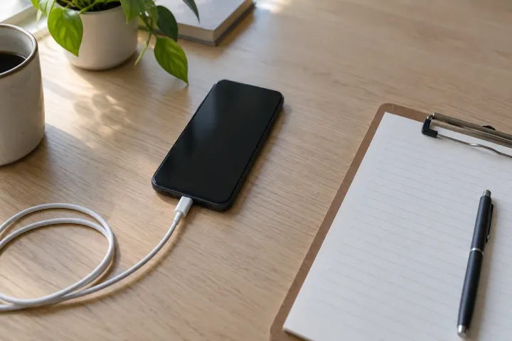 An unbranded phone with a dark screen lies on a pale wood desk, connected to a white charging cable beside a blank clipboard record sheet.