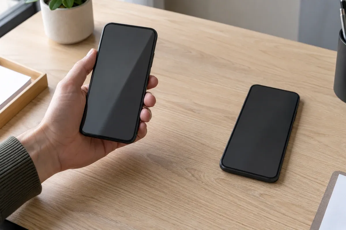 Two unbranded phones on a pale wood desk, one held upright with a plain screen and the other resting screen-up.