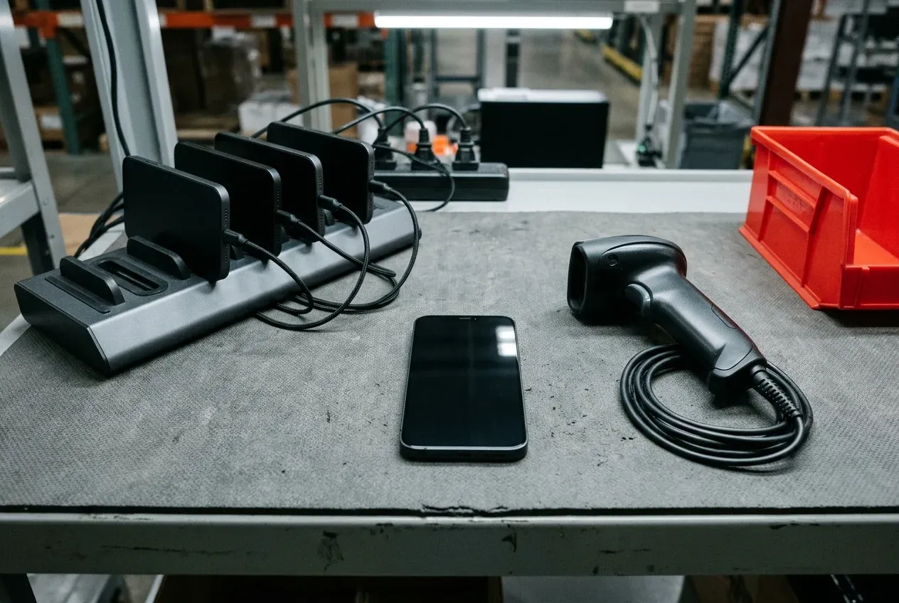 Multi-slot desktop smartphone charging rack holding dark-screen handsets beside a corded barcode scanner, coiled USB-C cable, and red antistatic quarantine bin on a gray workbench mat.