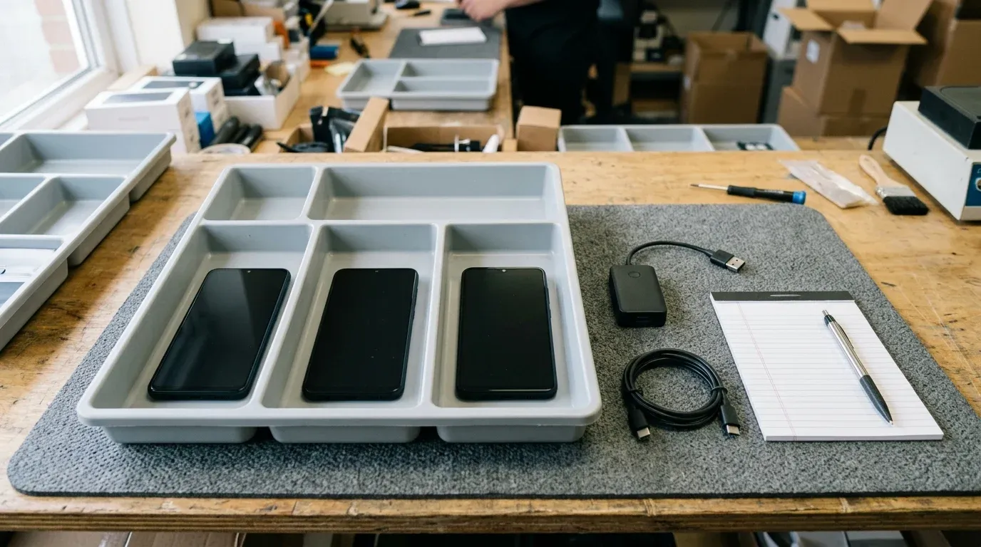 Divided wholesale sorting tray holding dark-screen smartphones beside a matte-black wireless car adapter, coiled data cable, and blank notepad on a workbench mat.