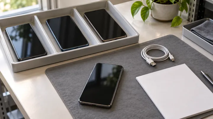 Phones in a divided tray beside a handset, blank checklist and disconnected cable on an intake bench.