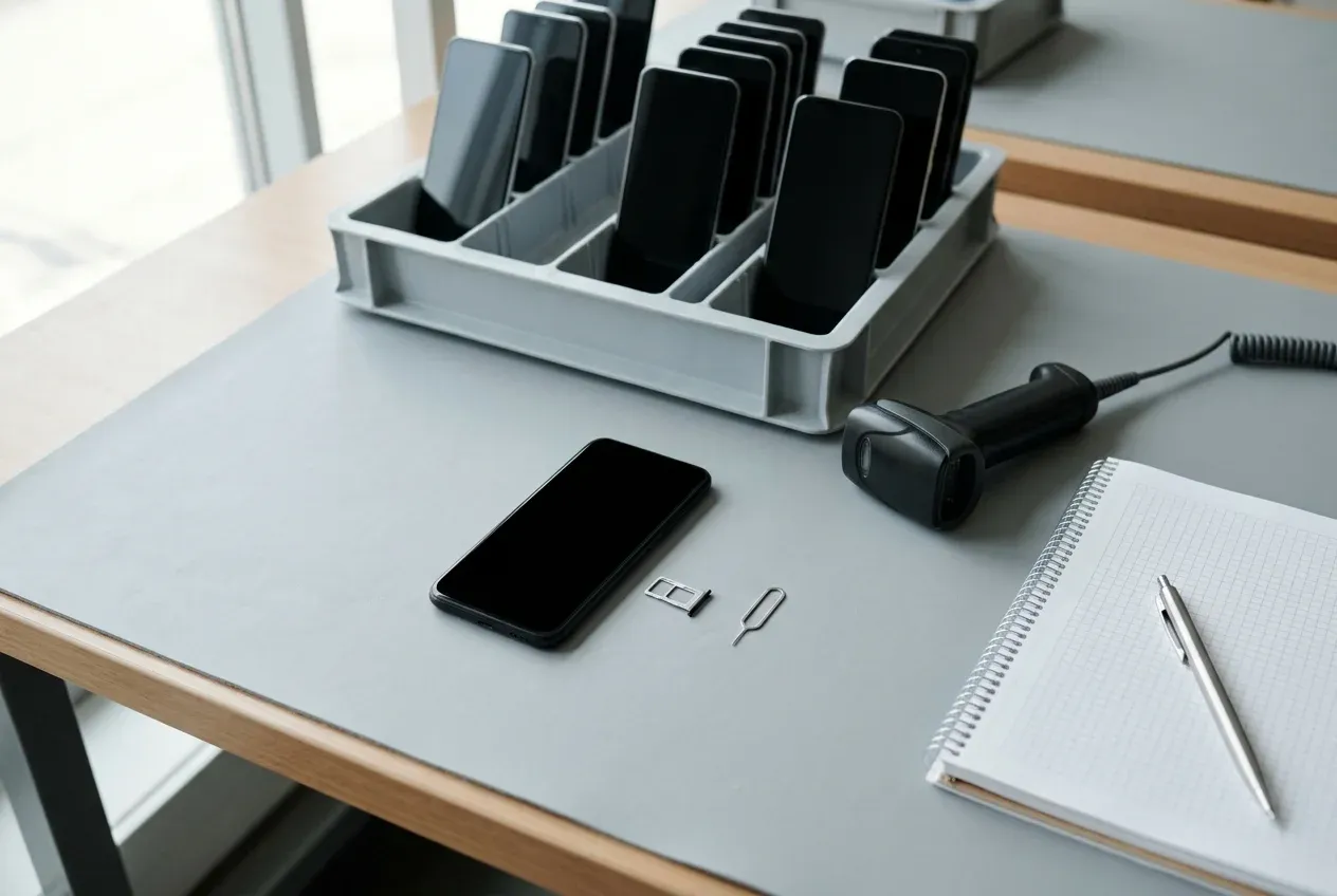 Divided wholesale sorting tray holding dark-screen smartphones beside an ejected metallic SIM tray, steel ejector tool, corded barcode scanner, and blank notepad on a workbench mat.