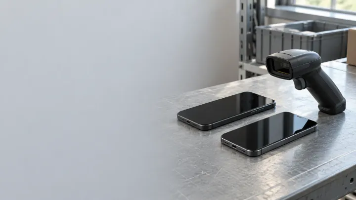 Dark phones and a handheld scanner on a gray workbench, with no on-screen result.