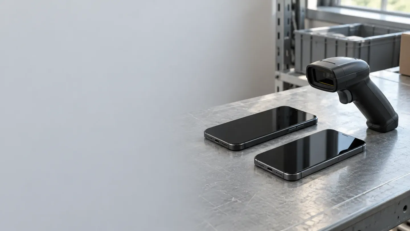 Dark phones and a handheld scanner on a gray workbench, with no on-screen result.