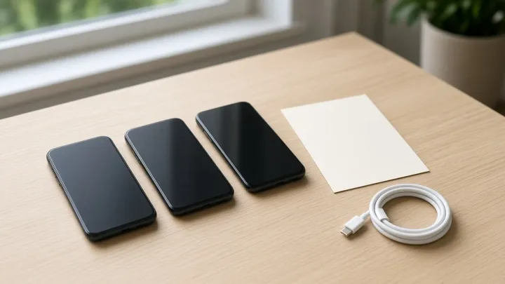 Three unbranded black phones lie face up on a pale wood bench beside a blank card and a coiled white USB-C cable.