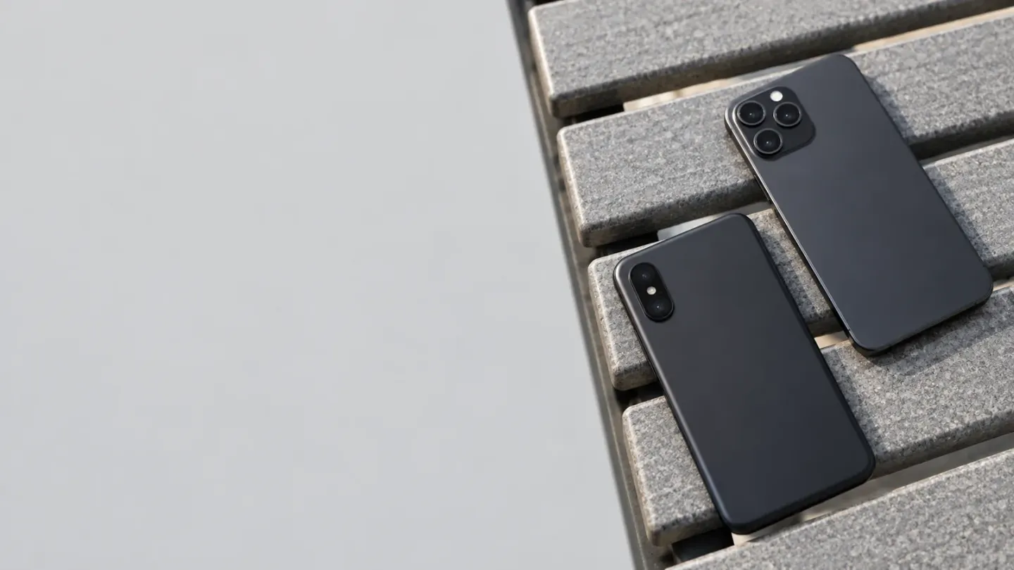 Two dark phones on a gray bench. No model number or band list is visible.