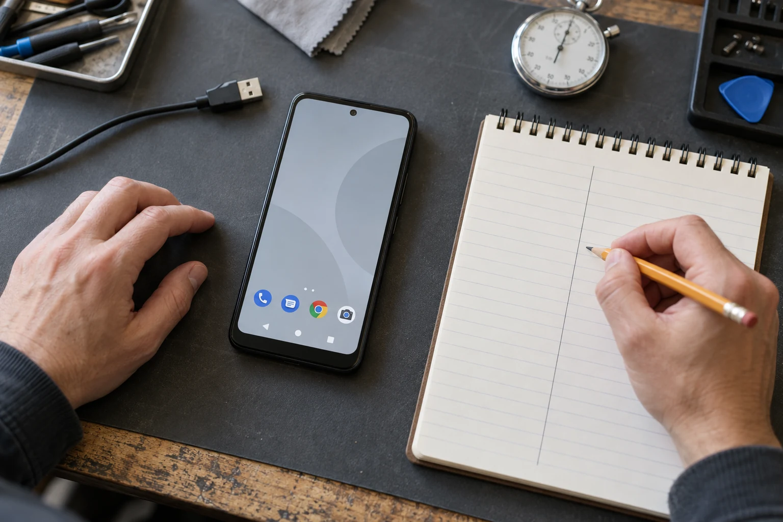 A handset beside a two-column notebook and stopwatch, with a technician holding a pencil and a disconnected cable nearby.