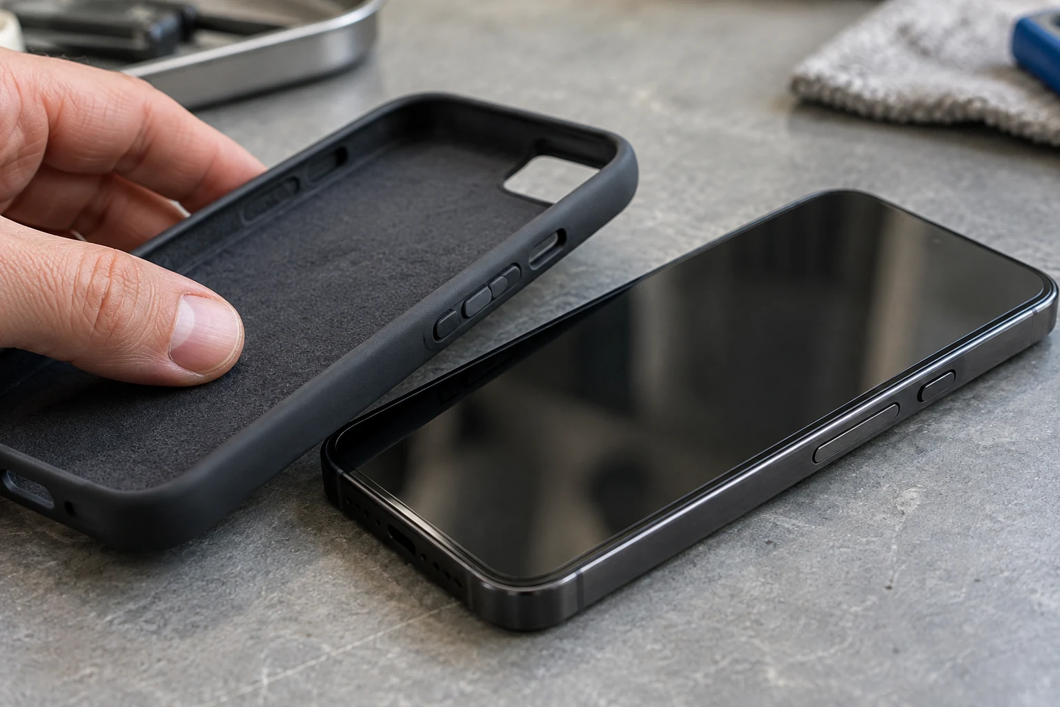 A removed silicone phone case held beside an intact handset with exposed side buttons.