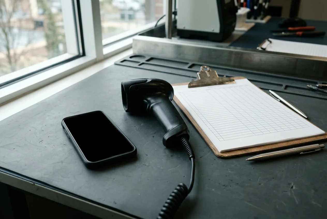 Corded black handheld barcode scanner beside an unbranded matte-black smartphone, a blank ruled multi-column worksheet, and a metal ballpoint pen on a gray workbench.