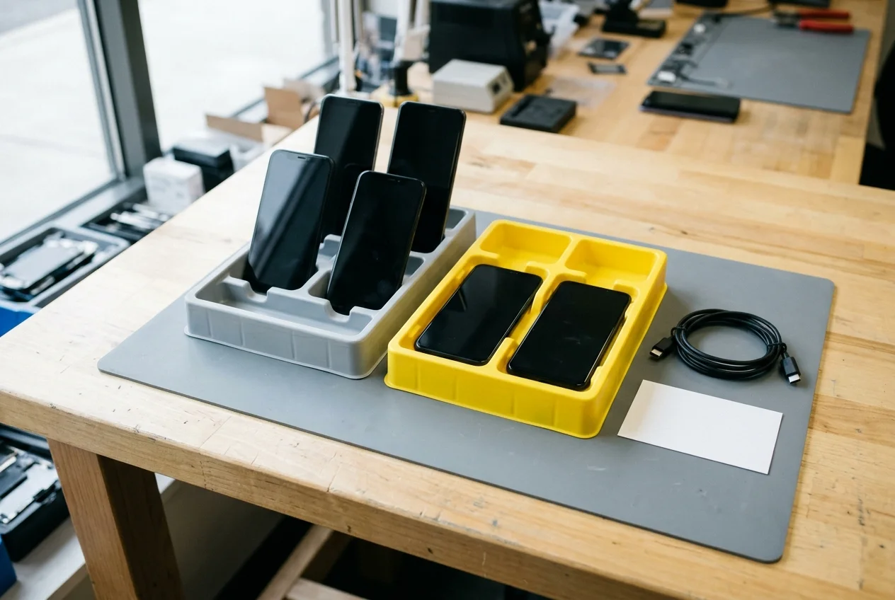 Gray divided plastic sorting tray holding four dark-screen smartphones beside a yellow quarantine sorting tray holding two isolated dark-screen smartphones, a coiled USB-C cable, and a blank card.