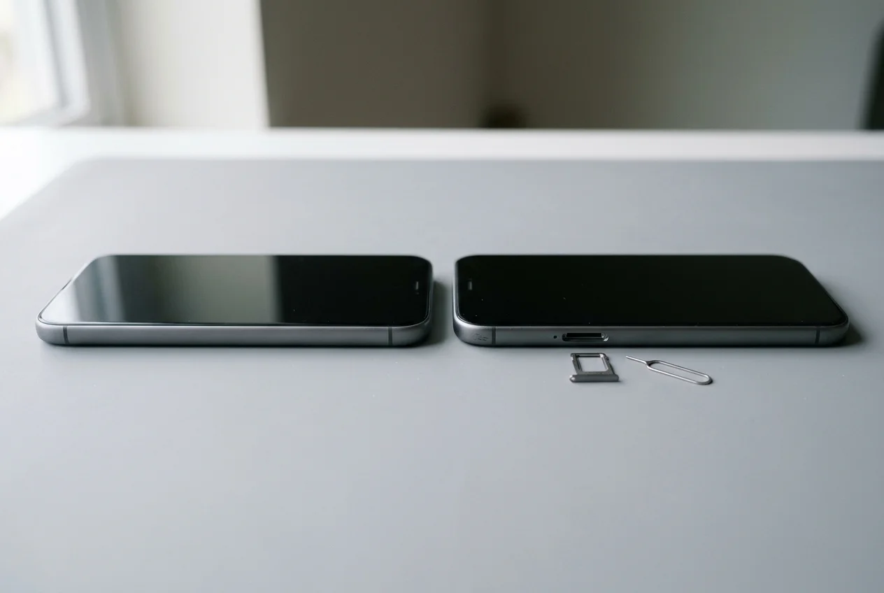 Two unbranded black smartphones on a gray anti-static mat comparing a smooth side rail without a SIM slot and a side rail with an open SIM slot, ejected metallic SIM tray, and steel ejector pin.