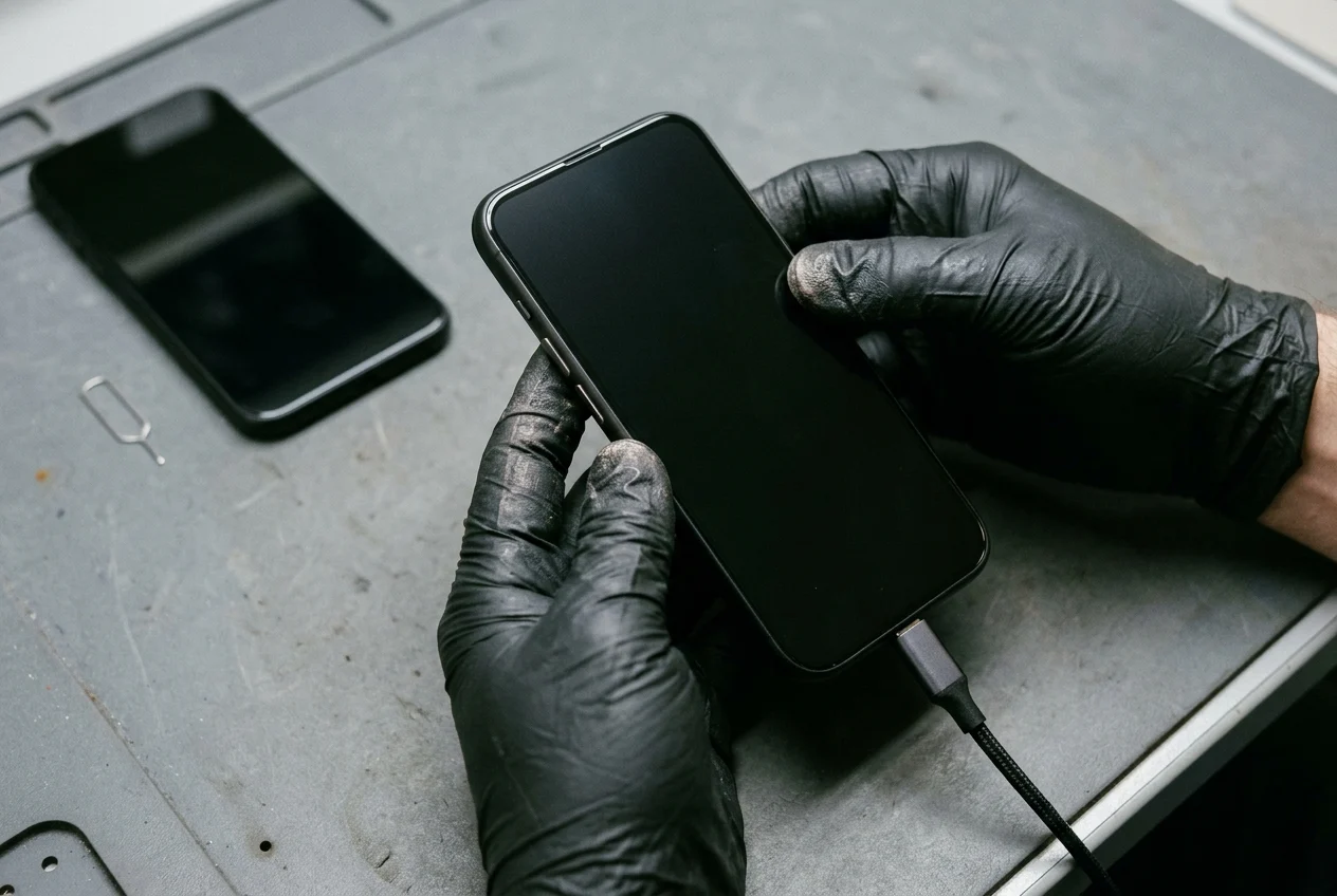 Gloved technician hands holding an unbranded dark-screen smartphone on a braided USB-C cable with thumbs positioned on the side power and volume buttons over a gray anti-static mat.