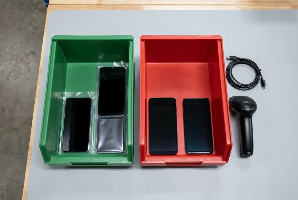 Green antistatic tote holding sleeved dark-screen smartphones beside a red antistatic quarantine tote holding isolated dark-screen smartphones, a corded barcode scanner, and a coiled USB-C cable.