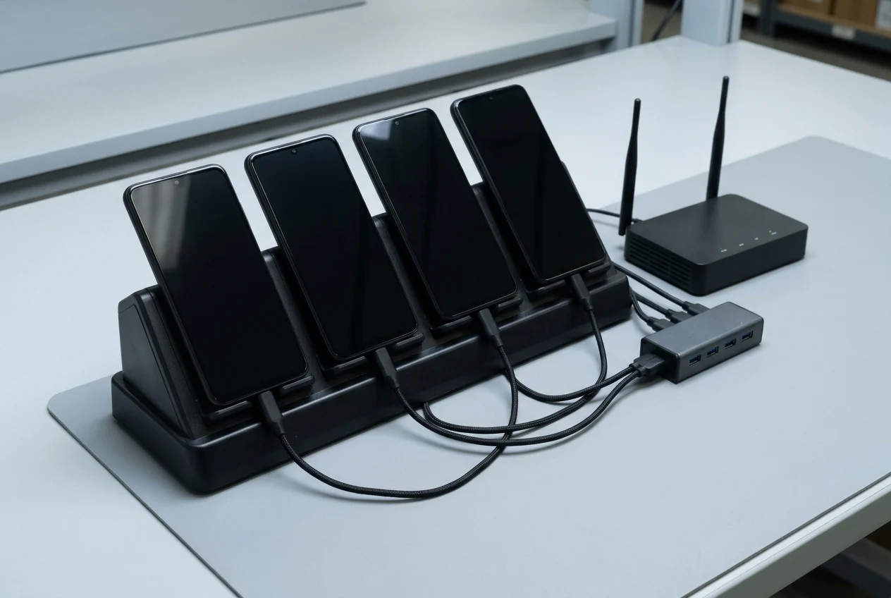 Dark-screen smartphones seated in a multi-bay USB-C desktop charging stand connected to a multi-port power hub beside a dual-antenna Wi-Fi access point on a gray workbench.
