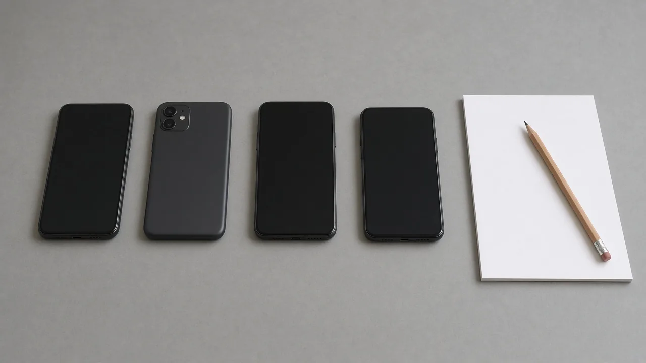 Four dark phones lie flat in a row on a gray table beside a blank notepad and a pencil.