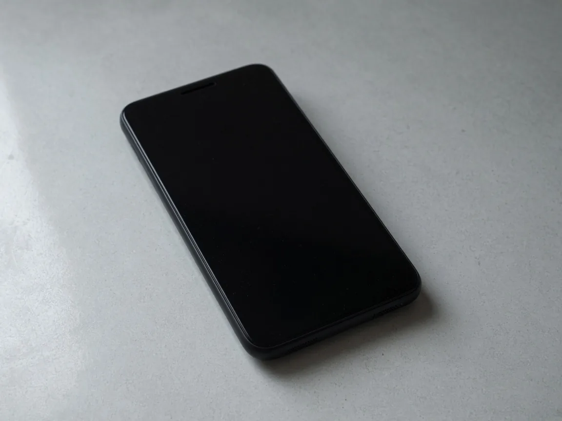 A dark phone lies on a pale gray surface. The screen is off. A slot sits at the top edge and a grille sits at the bottom edge.