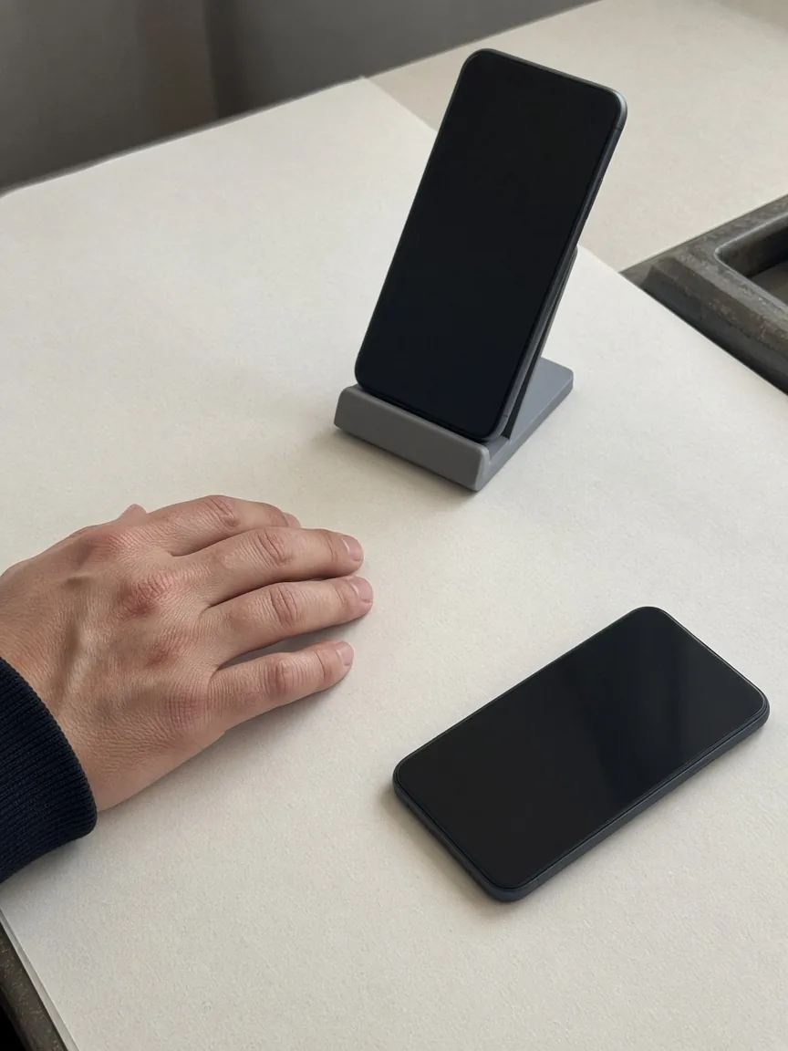One dark phone stands in a gray cradle and another lies flat. A hand rests on the pale desk. Both screens are off.