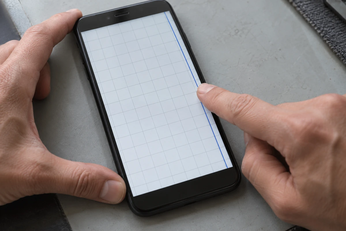 Fingertip following the edge of a handset with a simple grid on screen.