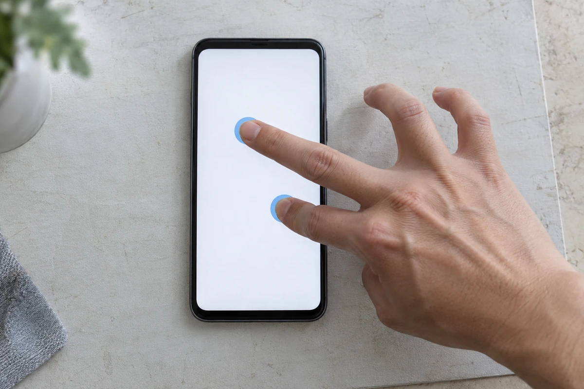 Two separated fingertips contacting a handset screen simultaneously.