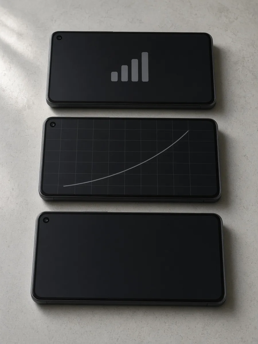 Three unbranded phones. One screen shows signal bars, one shows a blank grid with a simple curve, and one screen is dark. The curve is not a measurement.