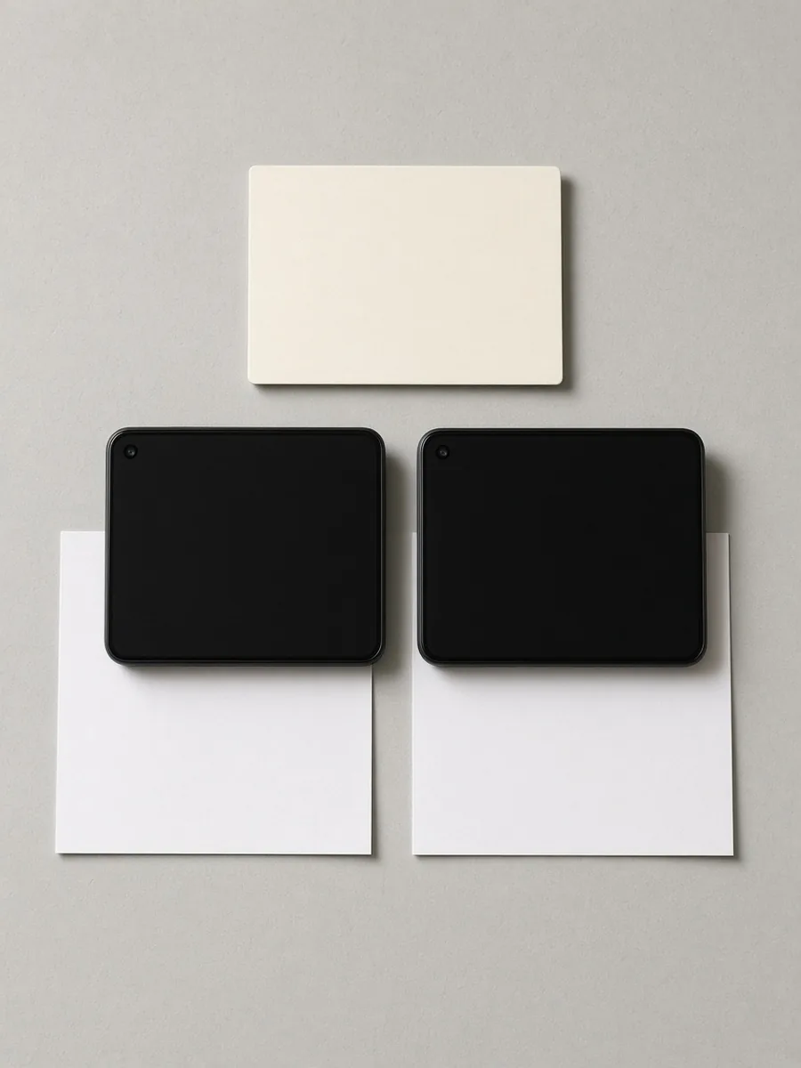 One blank card above two unbranded phones, each phone on its own blank sheet.