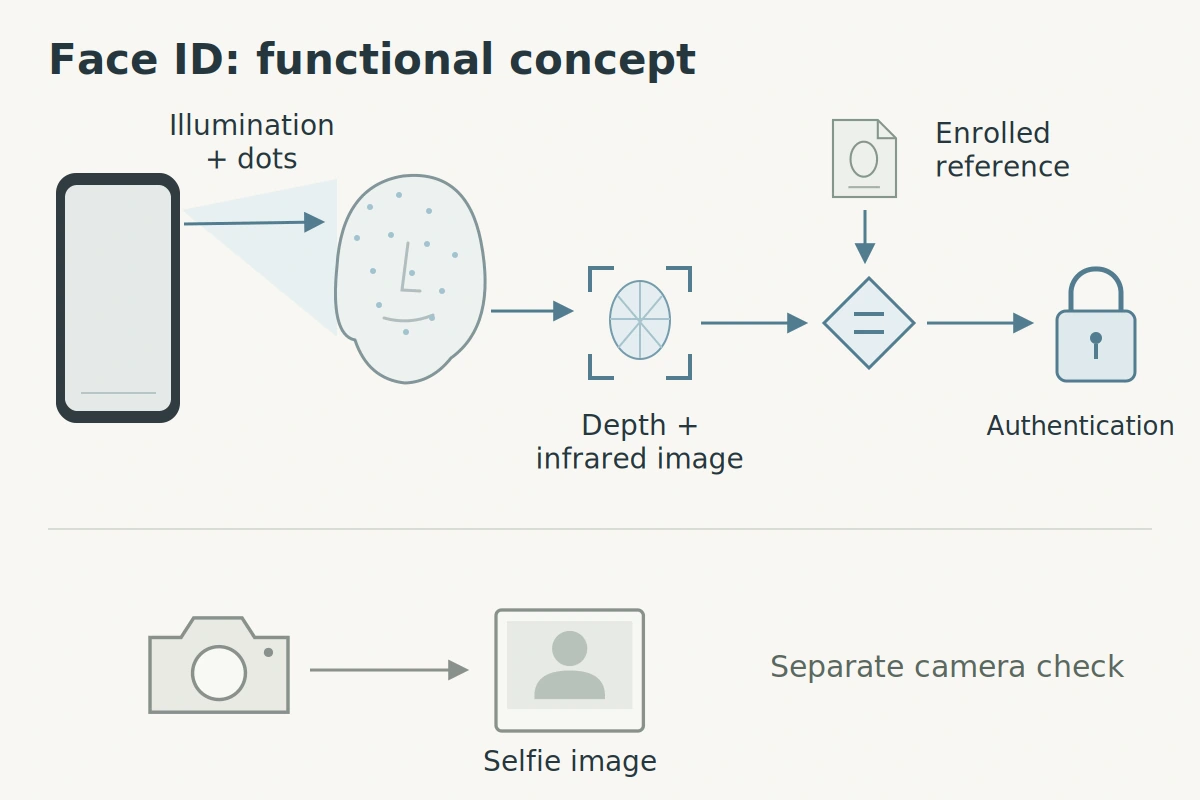 Conceptual Face ID illumination and dot pattern feed depth and infrared capture, comparison with an enrolled reference, and authentication; a selfie camera check is separate.