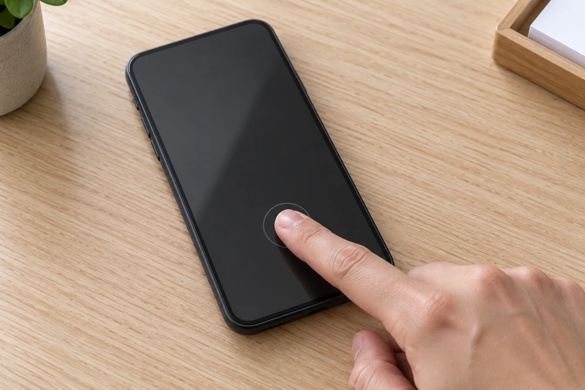 An index fingertip rests over a faint circular target on the clean screen of an unbranded phone on a pale wood desk.