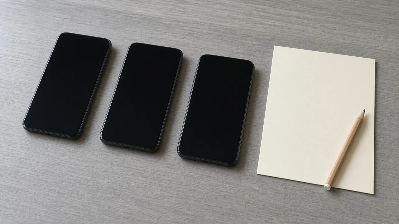 Three dark phones lie in a row on a gray wood-grain table beside a blank cream card and a pencil.