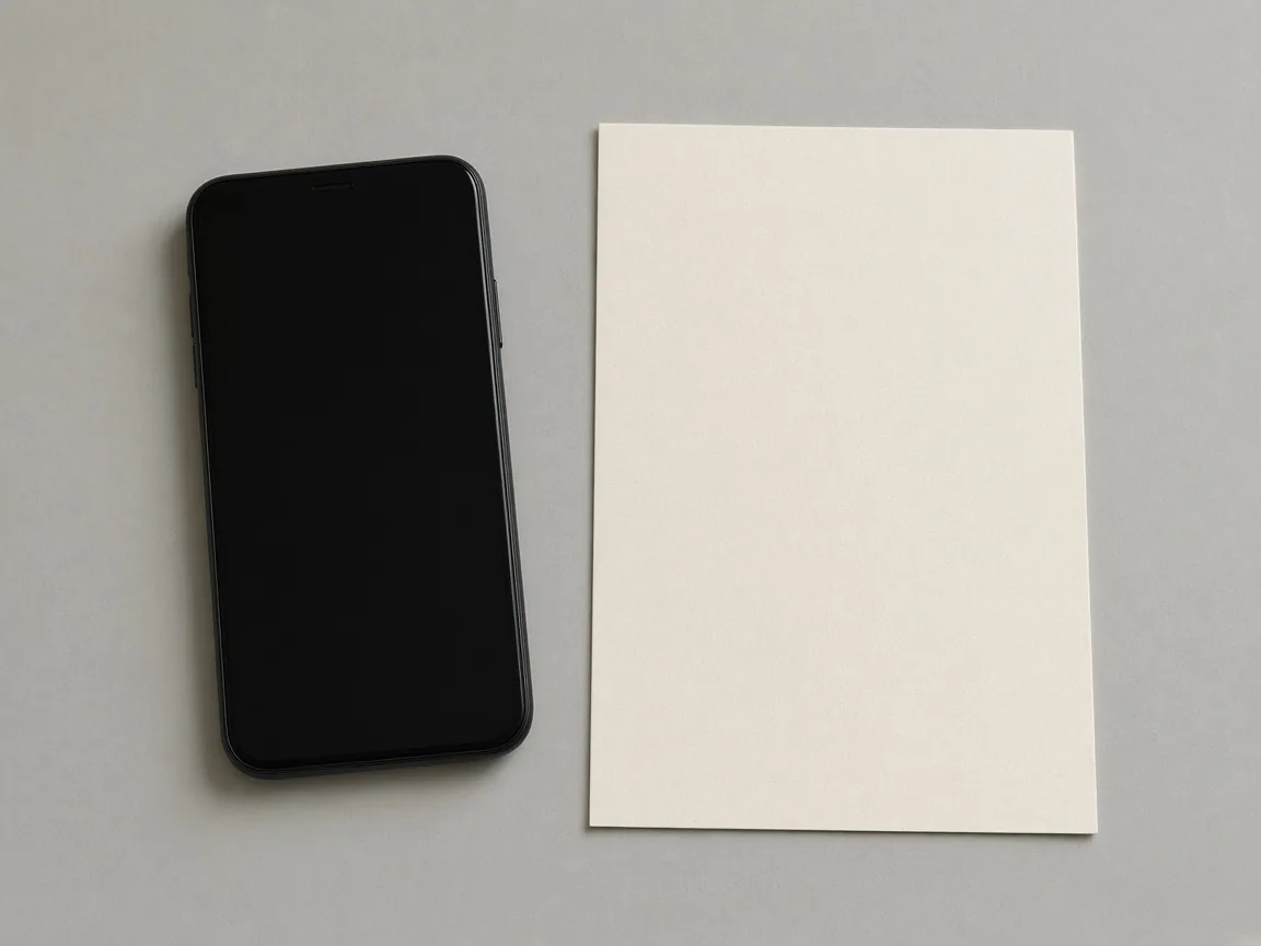 A dark phone with a black screen lies on a pale gray surface beside a blank cream sheet of paper.