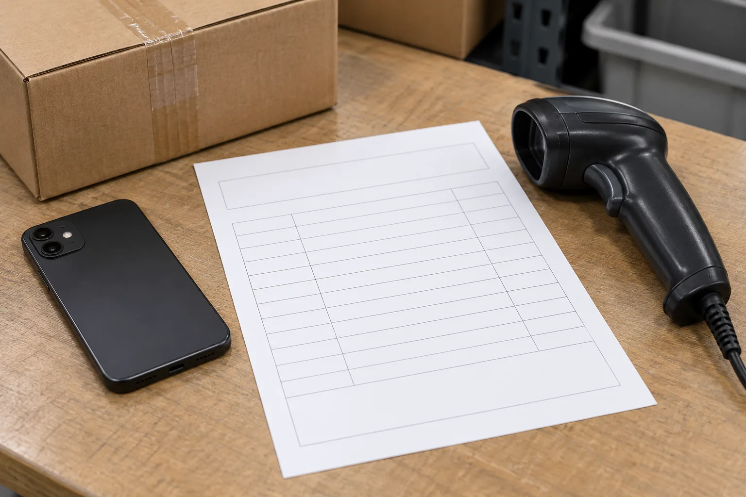 A dark phone beside a blank lined sheet and a corded scanner. The sheet has no entries.