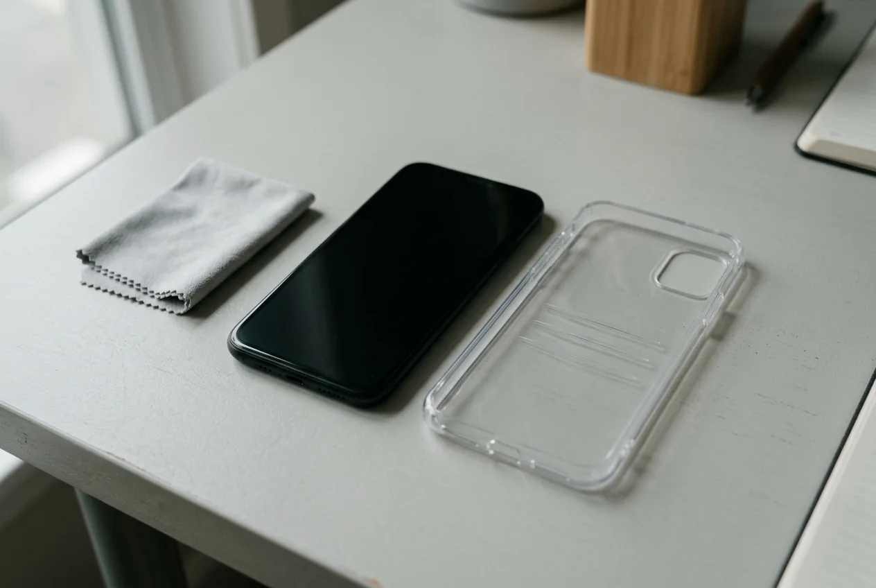 A black phone with a dark screen beside a transparent case and a soft cloth on a pale desk.