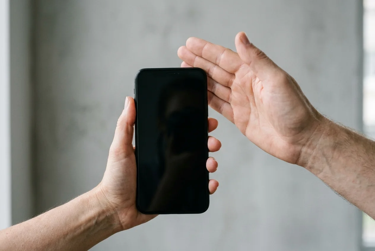 Hands hold a black phone upright with an open palm near the upper front glass.