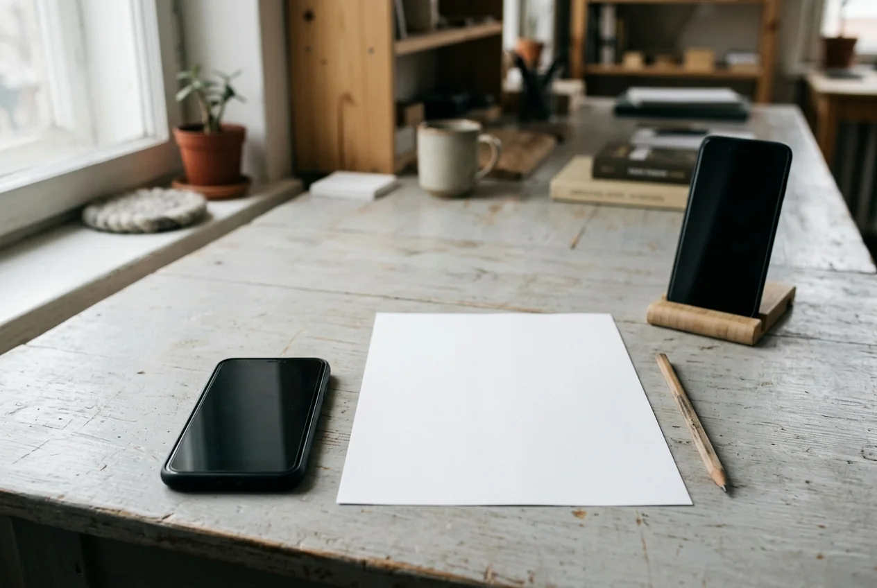 A phone lies beside a blank sheet and pencil, with another phone standing farther back.