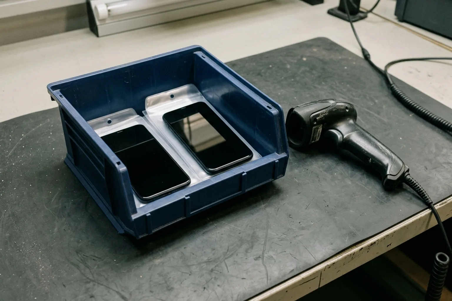Two powered-off dark smartphones in protective sleeves inside a blue ESD bin beside a corded handheld barcode scanner on a gray workbench mat.