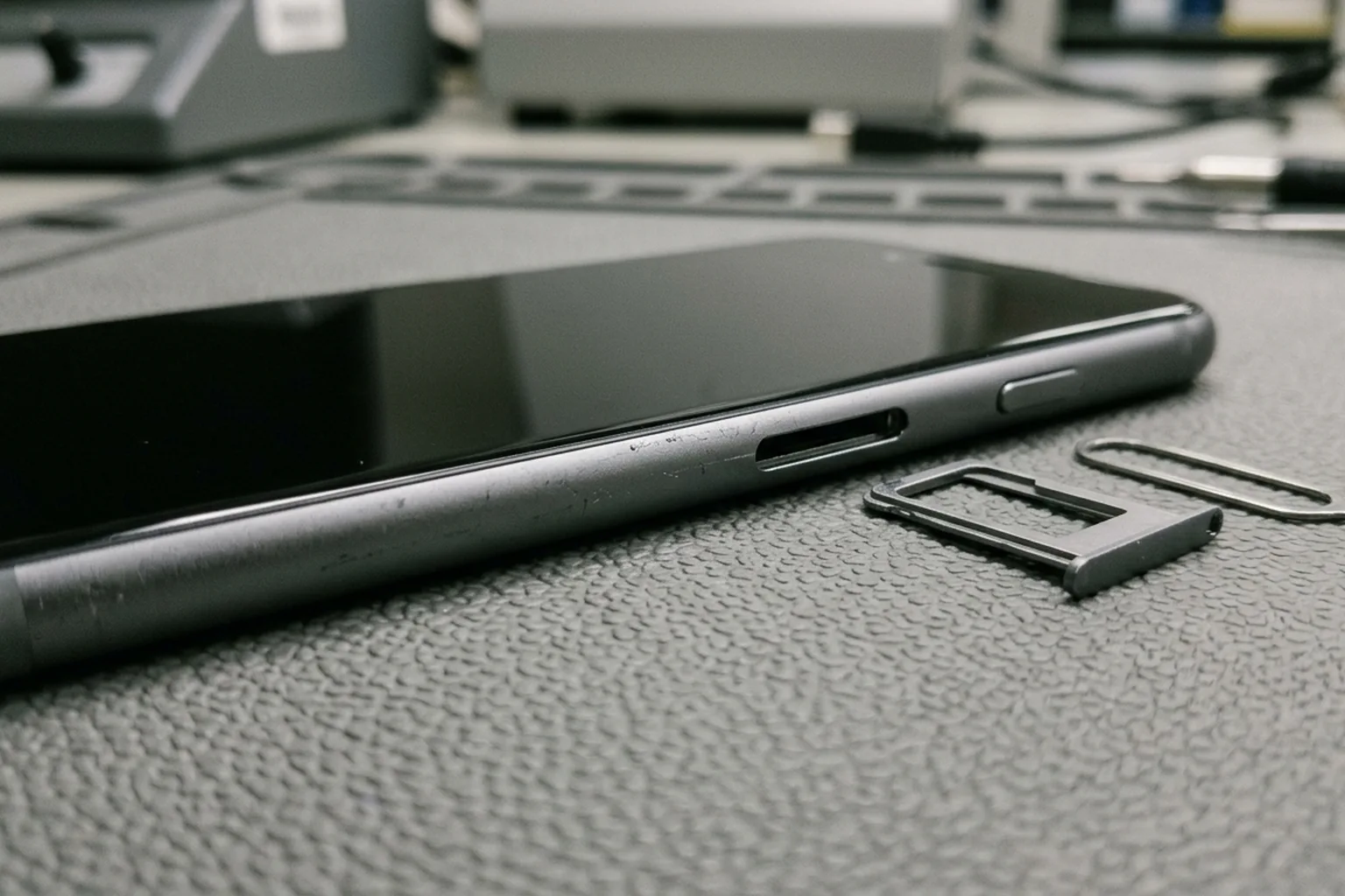 Close view of a dark smartphone side rail with an open SIM slot, removed metal SIM tray, and steel ejector pin on a gray rubber mat.