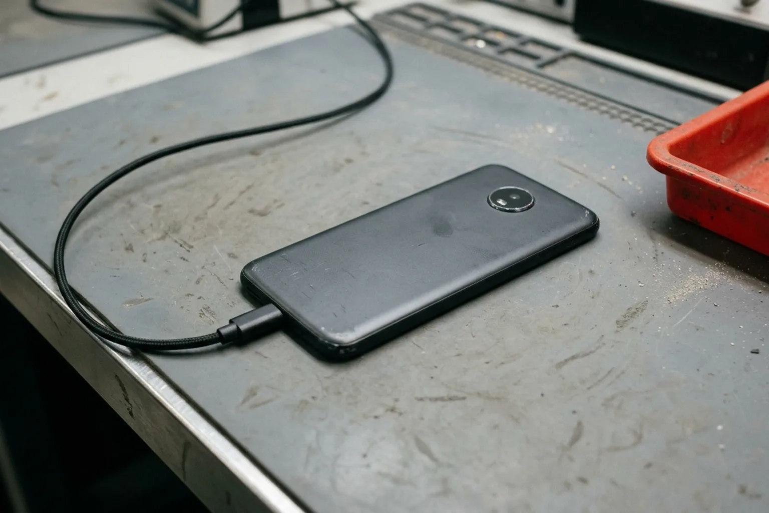 A dark smartphone lying face-down on a gray antistatic mat with a braided black USB-C cable plugged in beside a red plastic quarantine tray.