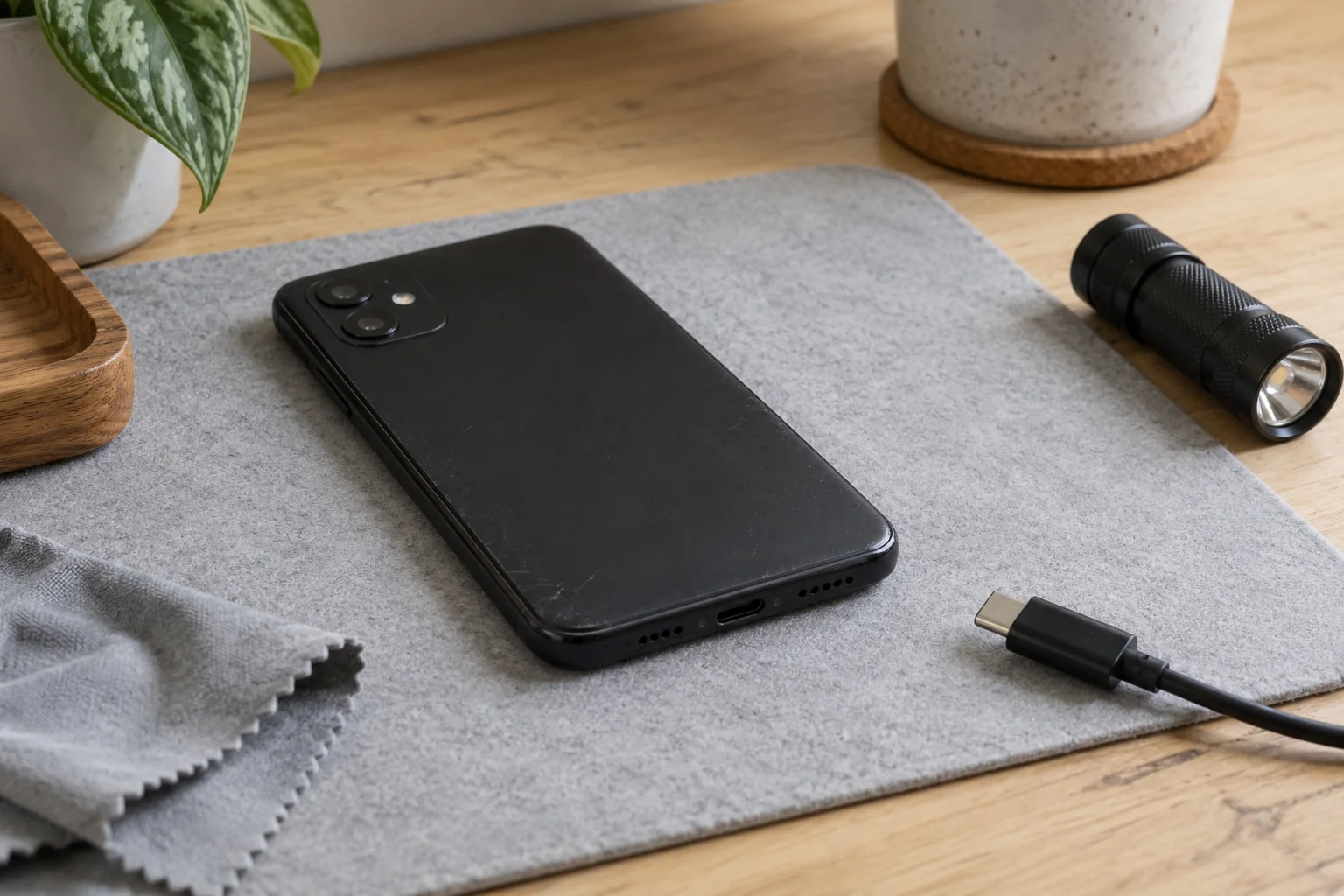 A dark handset on a gray mat beside a disconnected cable and a small flashlight.