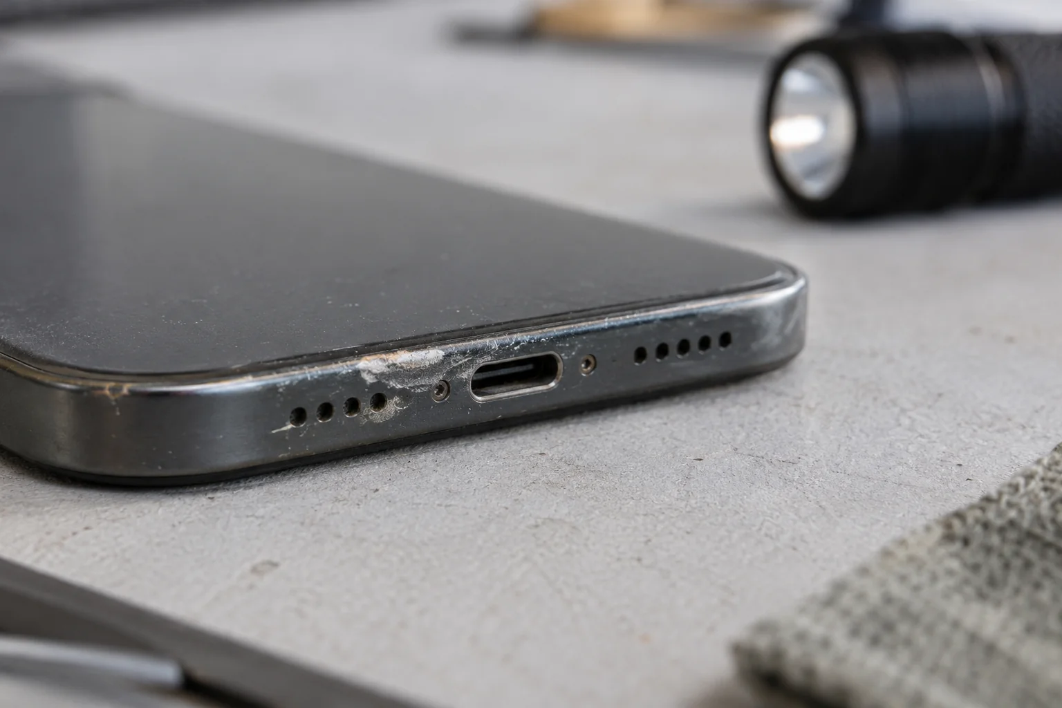 Close view of a worn phone edge with a pale deposit near the outer charging-port rim.