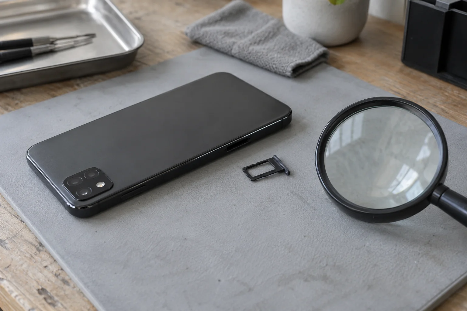 A dark phone with a tray beside its side opening and a round magnifying glass on a gray mat.