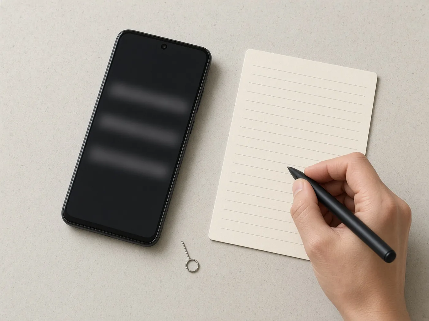 A black punch-hole phone with an unreadable dark screen lies beside a blank ruled card, a SIM eject pin, and a hand holding a pen.