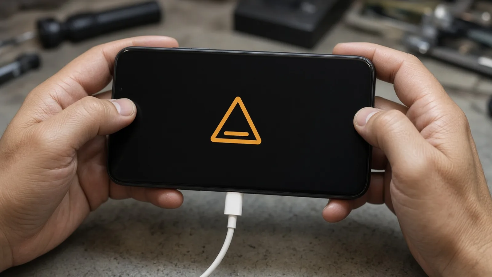 Two hands hold a black phone on a USB-C cable, thumbs on the side keys, with an amber warning triangle and no lettering on the screen.