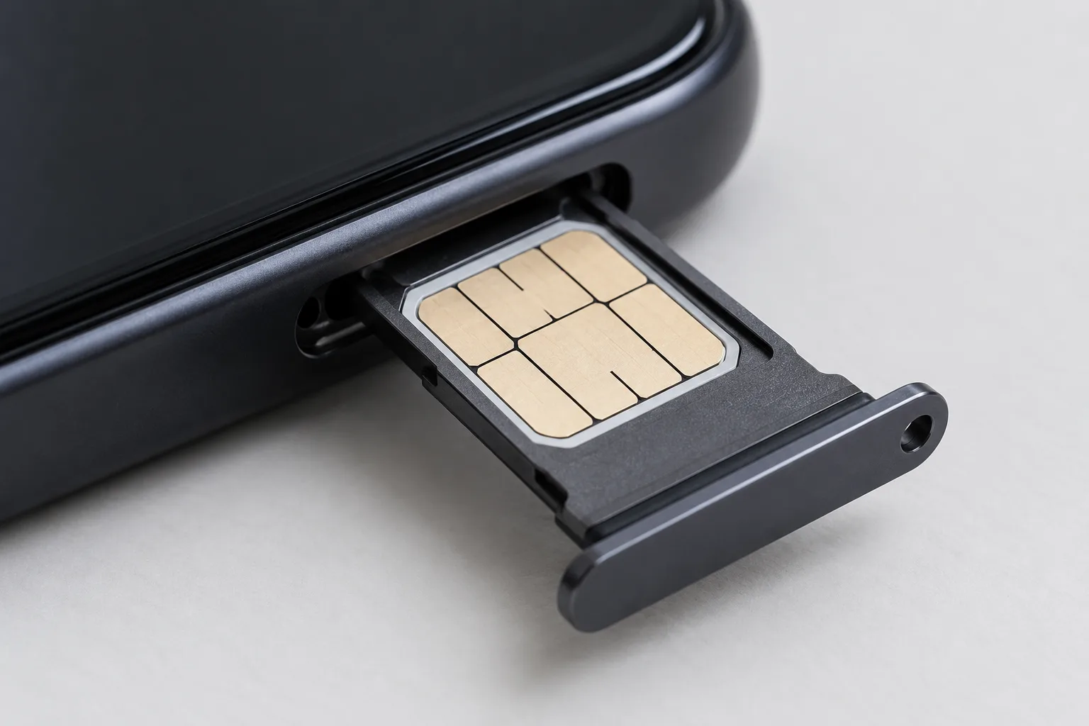 A SIM tray holding a SIM card, with no model number visible on the tray.