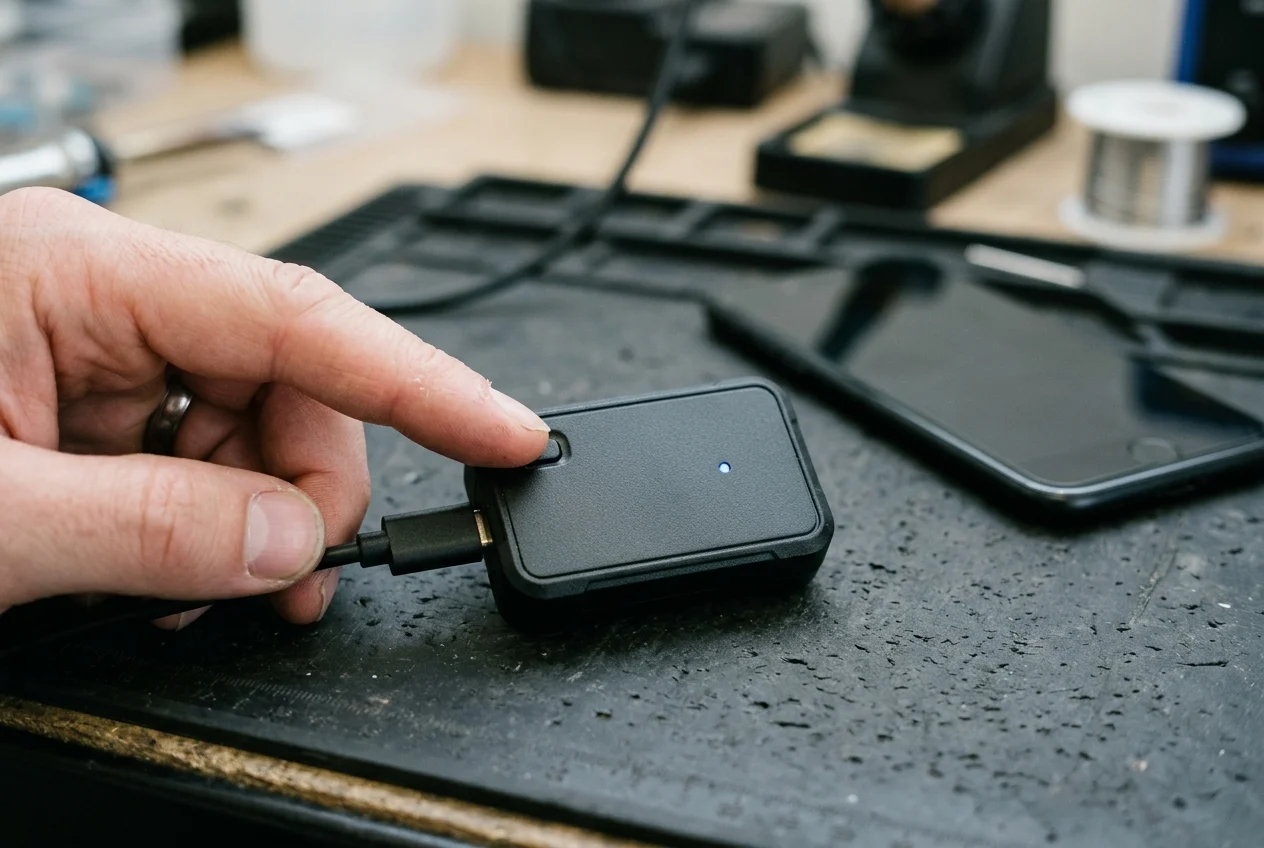 Technician pressing the side button on a matte-black wireless car adapter connected to a USB cable with a glowing blue pinhole LED and a dark-screen smartphone in the background.