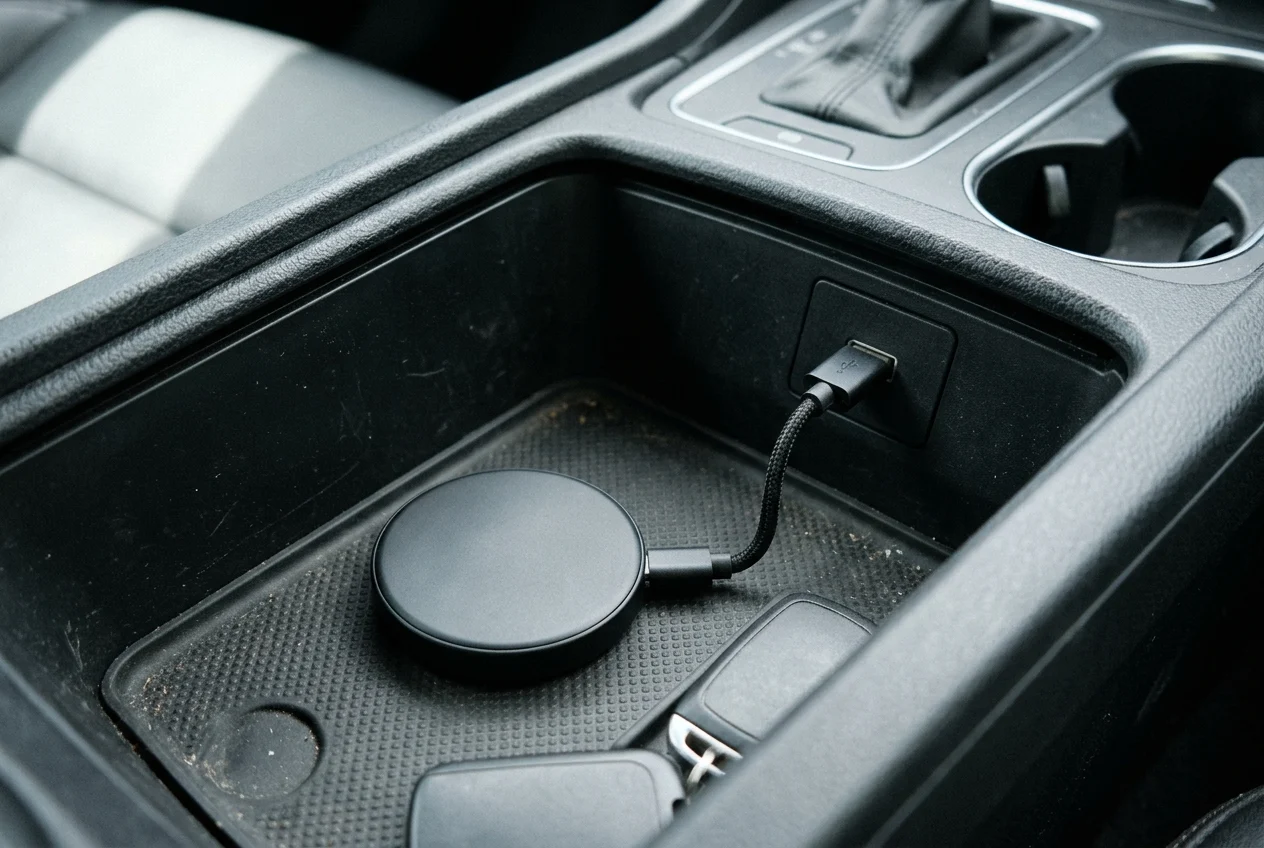 Matte-black circular wireless car adapter puck connected by a short braided black cable to a recessed USB port inside an automotive center console storage cubby.