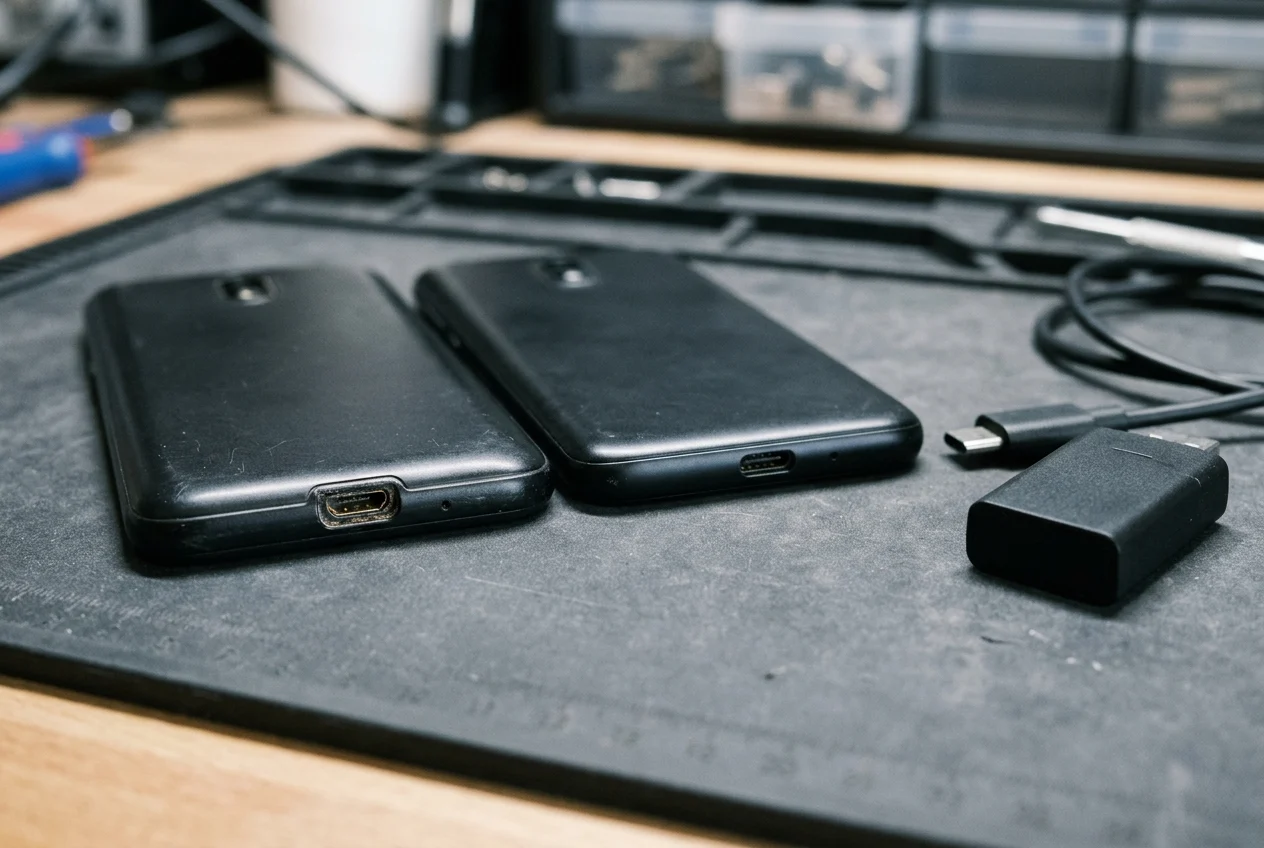 Bottom edges of unbranded black smartphones on an anti-static mat comparing a trapezoidal Micro USB receptacle on the left and a symmetrical USB-C receptacle on the right next to a matte-black car adapter.